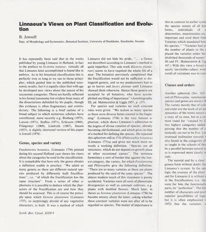 Superpris - Jonsell, B. LINNAEUS‘S VIEWS ON PLANT CLASSIFICATION AND EVOLUTION